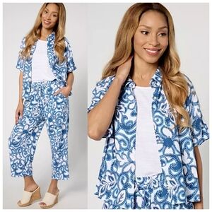 Susan Graver Pure Womens Flax Linen Blend Elbow Sleeve Camp Shirt L Blue White